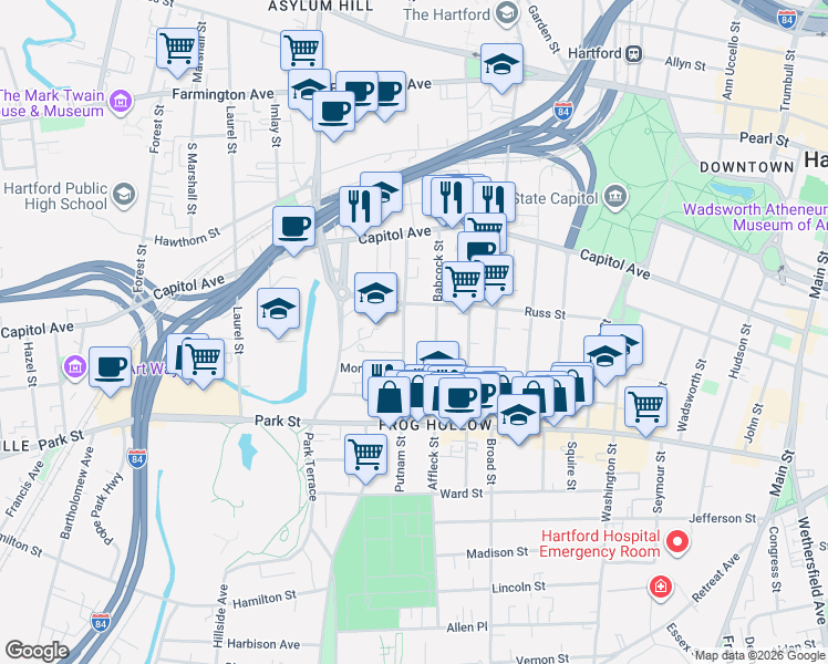 map of restaurants, bars, coffee shops, grocery stores, and more near 191 Russ Street in Hartford
