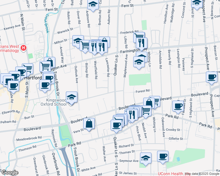 map of restaurants, bars, coffee shops, grocery stores, and more near 85 Lancaster Road in West Hartford