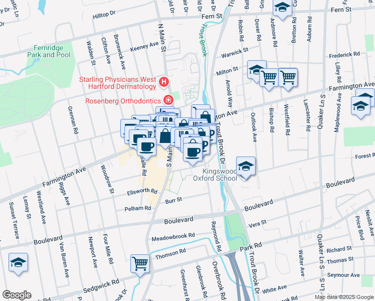 map of restaurants, bars, coffee shops, grocery stores, and more near 12 South Main Street in West Hartford