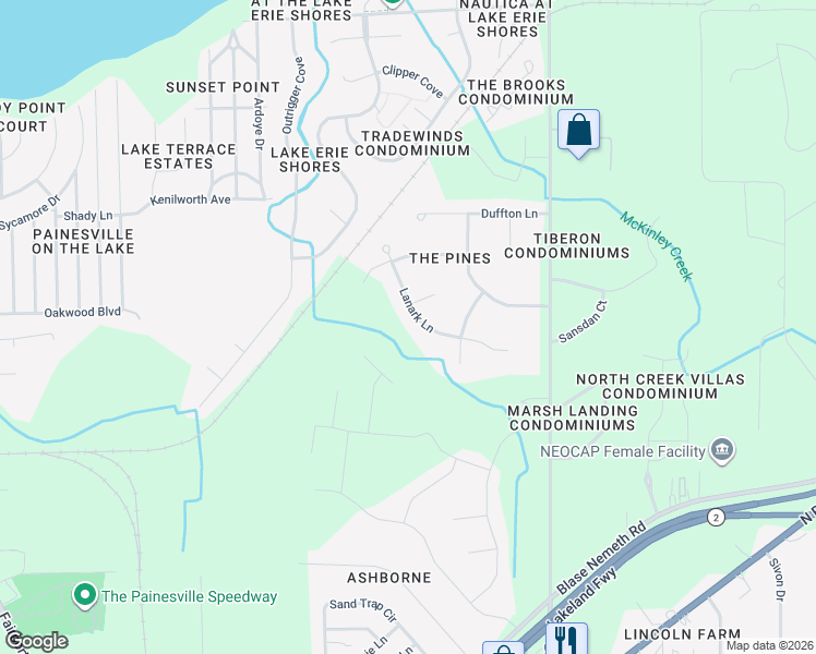 map of restaurants, bars, coffee shops, grocery stores, and more near 780 Lanark Lane in Painesville
