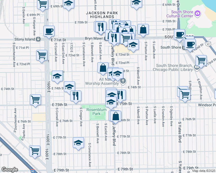 map of restaurants, bars, coffee shops, grocery stores, and more near 7333 South Euclid Avenue in Chicago