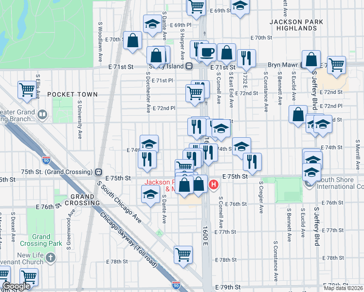 map of restaurants, bars, coffee shops, grocery stores, and more near 1509 East 73rd Street in Chicago