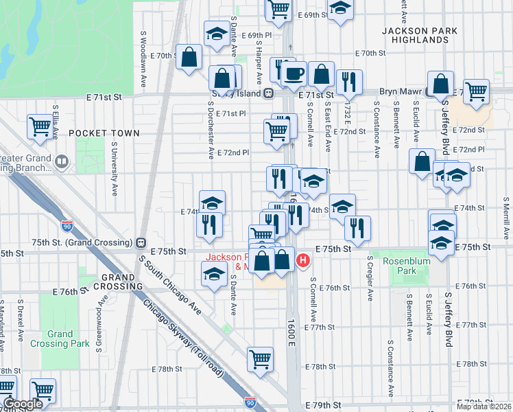 map of restaurants, bars, coffee shops, grocery stores, and more near 1509 East 73rd Street in Chicago