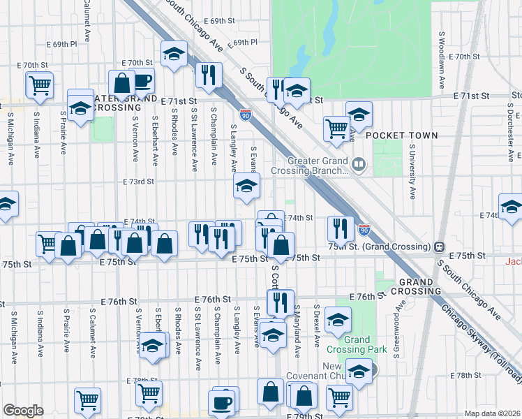 map of restaurants, bars, coffee shops, grocery stores, and more near 7318 South Cottage Grove Avenue in Chicago