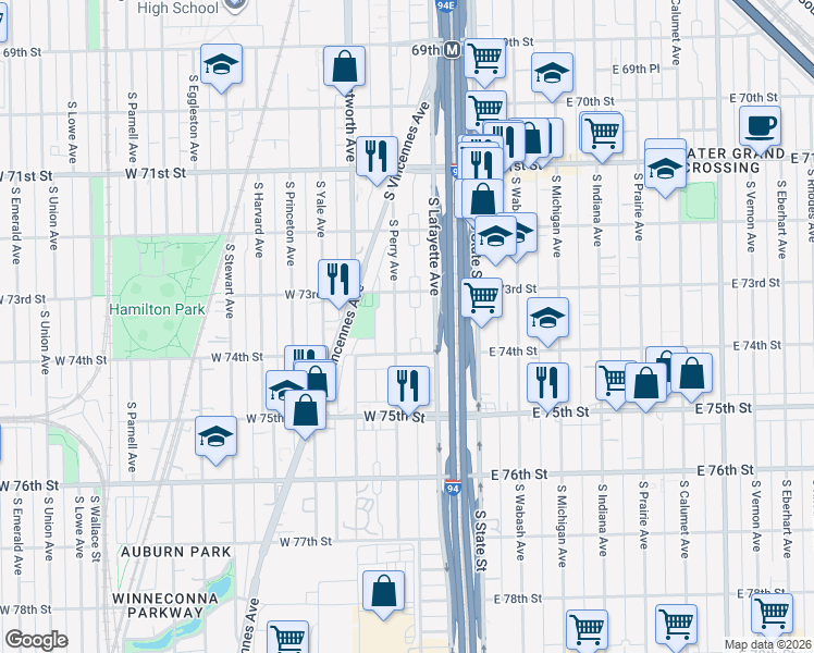 map of restaurants, bars, coffee shops, grocery stores, and more near 7306 South Lafayette Avenue in Chicago