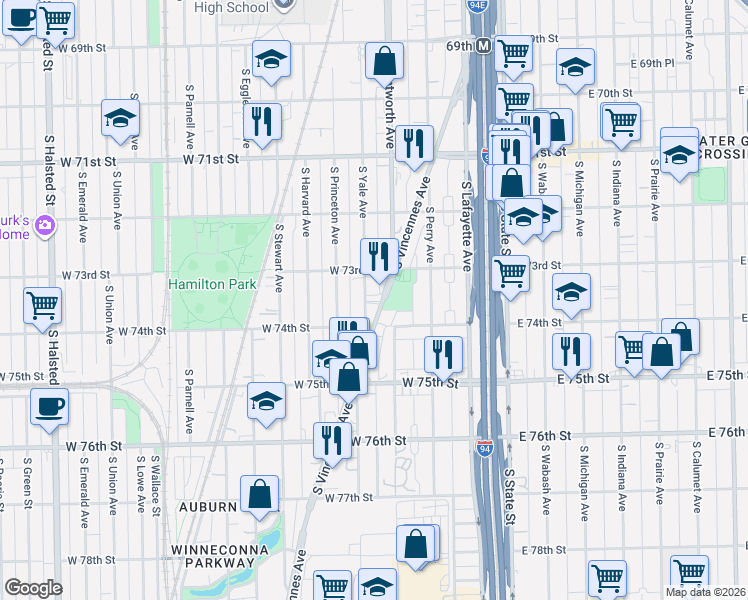 map of restaurants, bars, coffee shops, grocery stores, and more near 7314 South Vincennes Avenue in Chicago