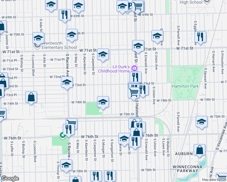 map of restaurants, bars, coffee shops, grocery stores, and more near 944 West 73rd Street in Chicago