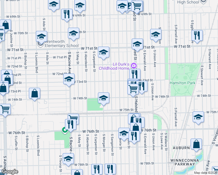 map of restaurants, bars, coffee shops, grocery stores, and more near 944 West 73rd Street in Chicago