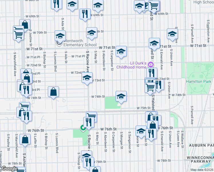 map of restaurants, bars, coffee shops, grocery stores, and more near 7258 South Carpenter Street in Chicago