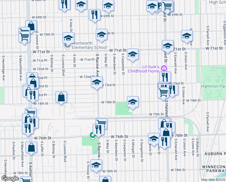 map of restaurants, bars, coffee shops, grocery stores, and more near 7259 South May Street in Chicago