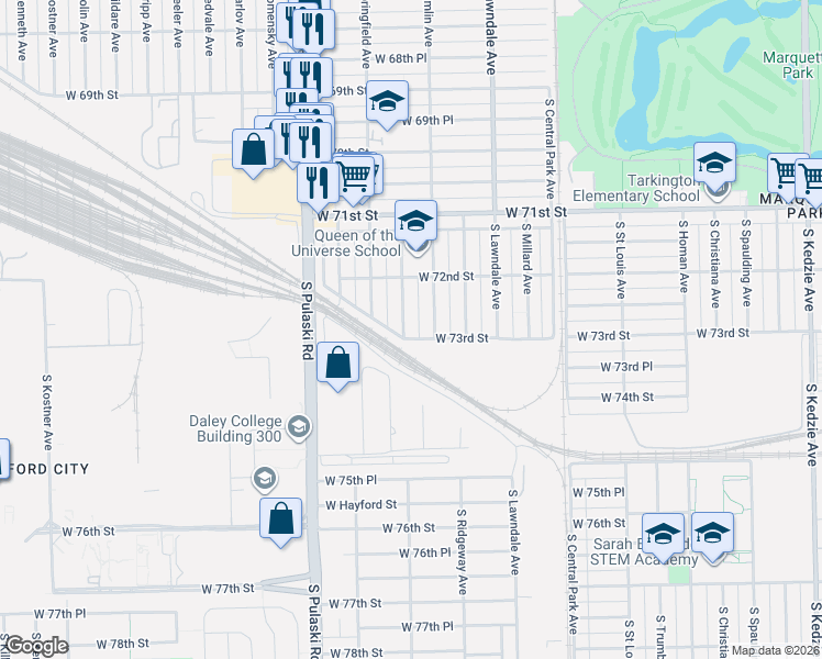map of restaurants, bars, coffee shops, grocery stores, and more near 7227 South Avers Avenue in Chicago
