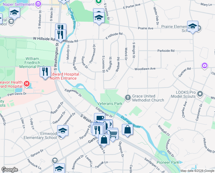 map of restaurants, bars, coffee shops, grocery stores, and more near 845 Wellner Road in Naperville