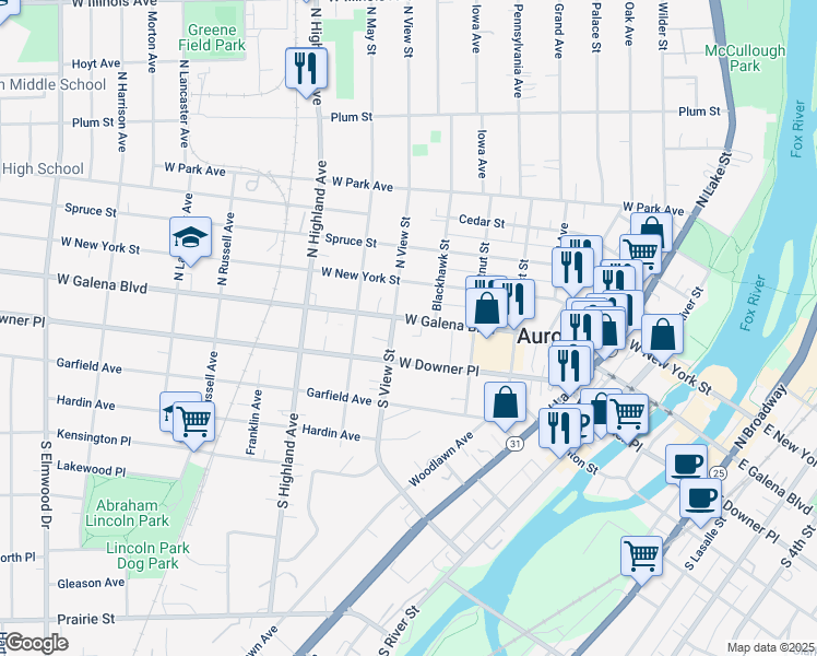 map of restaurants, bars, coffee shops, grocery stores, and more near 503 West Galena Boulevard in Aurora