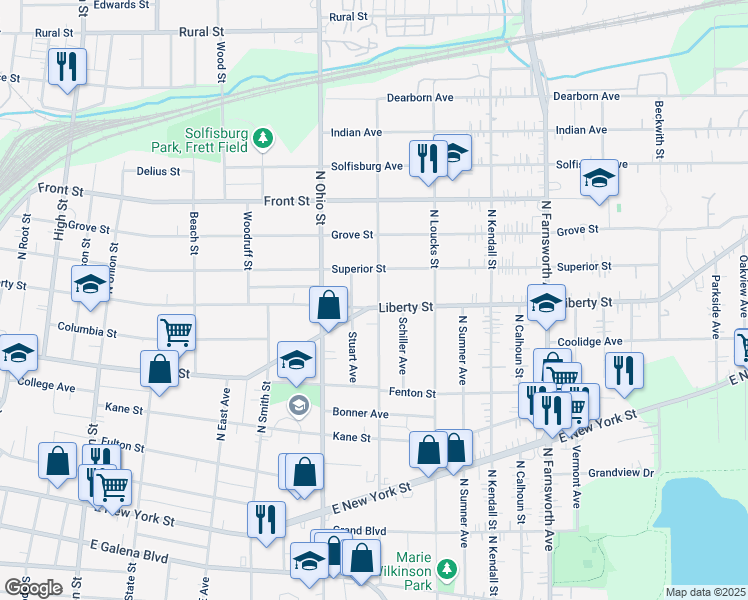 map of restaurants, bars, coffee shops, grocery stores, and more near 1105 Superior Street in Aurora