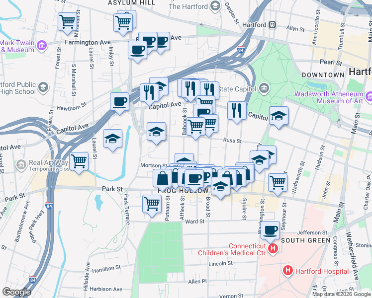 map of restaurants, bars, coffee shops, grocery stores, and more near 159 Russ Street in Hartford