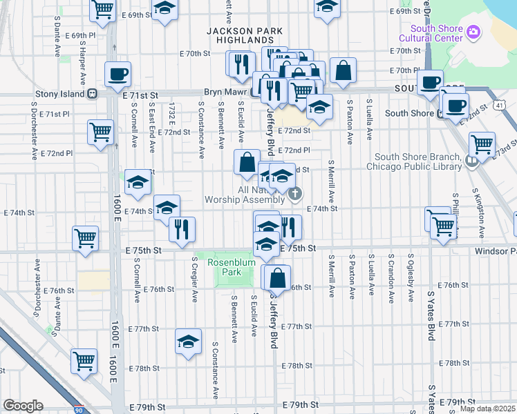 map of restaurants, bars, coffee shops, grocery stores, and more near 7333 South Euclid Avenue in Chicago