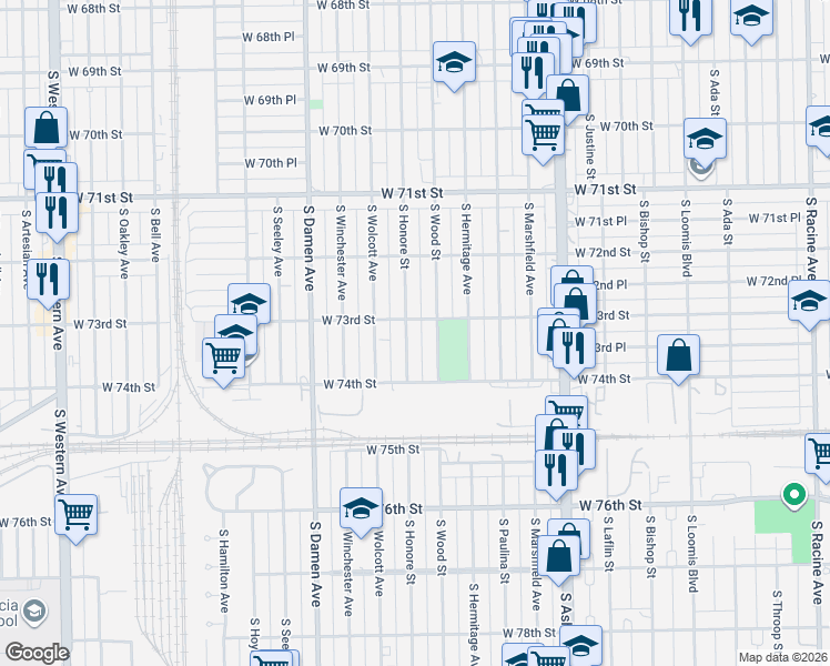 map of restaurants, bars, coffee shops, grocery stores, and more near 7311 South Honore Street in Chicago