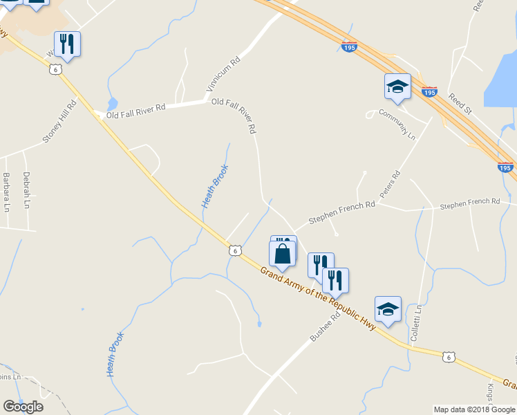 map of restaurants, bars, coffee shops, grocery stores, and more near 218 Old Fall River Road in Swansea