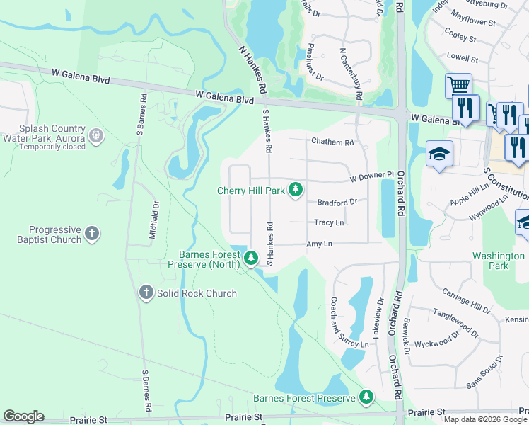 map of restaurants, bars, coffee shops, grocery stores, and more near 64 Blackberry Trail in Aurora