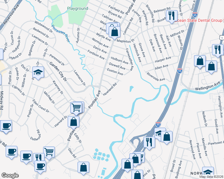 map of restaurants, bars, coffee shops, grocery stores, and more near 92 Howland Road in Cranston