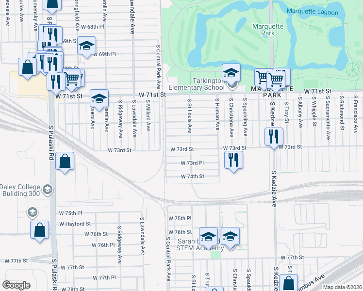 map of restaurants, bars, coffee shops, grocery stores, and more near 3521 West 72nd Place in Chicago