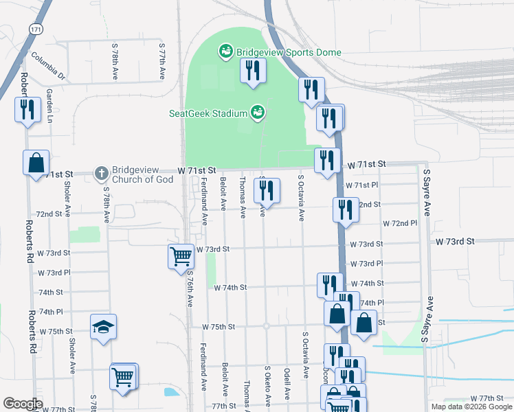 map of restaurants, bars, coffee shops, grocery stores, and more near 7116 South Oketo Avenue in Bridgeview