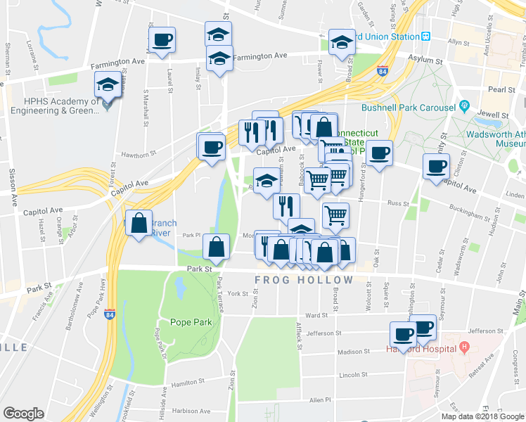 map of restaurants, bars, coffee shops, grocery stores, and more near 195 Putnam Street in Hartford
