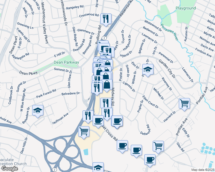 map of restaurants, bars, coffee shops, grocery stores, and more near 76 Midway Road in Cranston