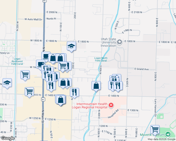 map of restaurants, bars, coffee shops, grocery stores, and more near 1585 North 400 East in North Logan