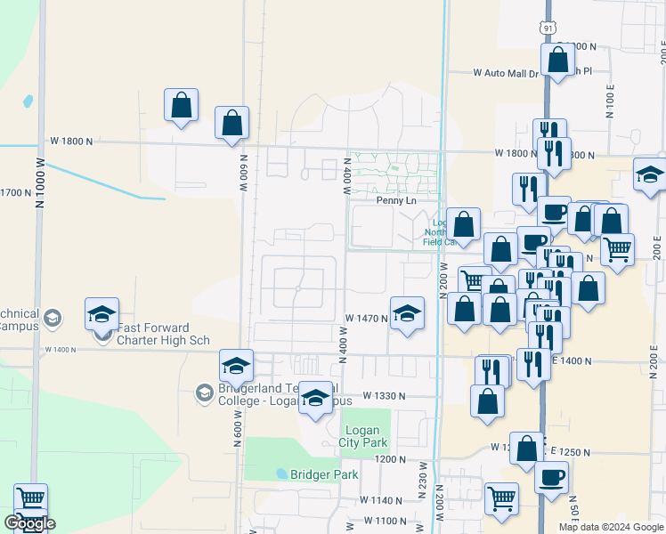 map of restaurants, bars, coffee shops, grocery stores, and more near 425 Greenview Loop in Logan