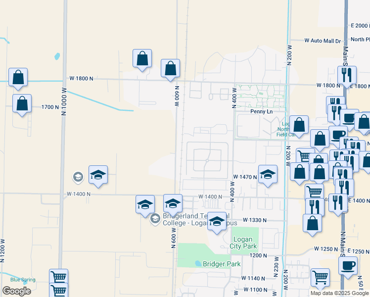 map of restaurants, bars, coffee shops, grocery stores, and more near 545 West 1595 North in Logan