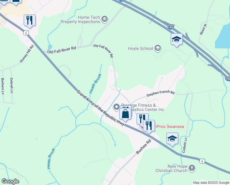 map of restaurants, bars, coffee shops, grocery stores, and more near 218 Old Fall River Road in Swansea