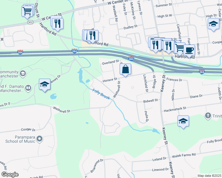 map of restaurants, bars, coffee shops, grocery stores, and more near 36 Horace Street in Manchester