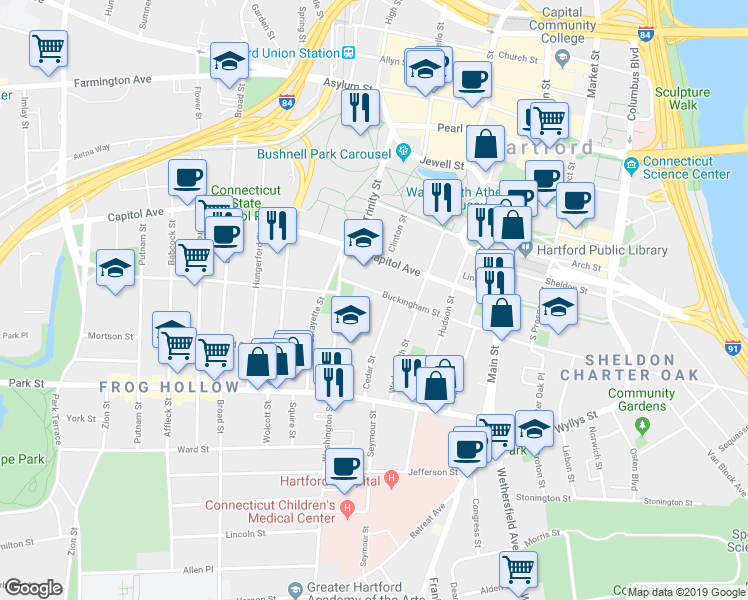 map of restaurants, bars, coffee shops, grocery stores, and more near 165 Capitol Avenue in Hartford