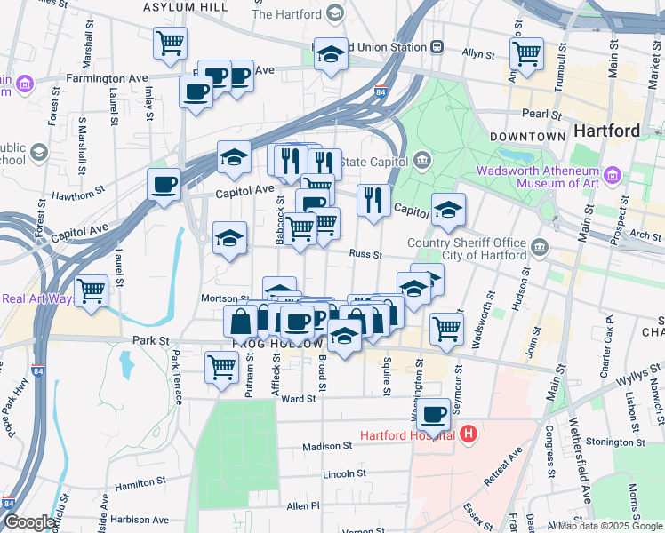 map of restaurants, bars, coffee shops, grocery stores, and more near 593 Broad Street in Hartford