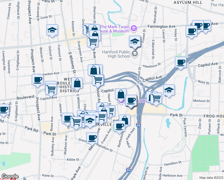 map of restaurants, bars, coffee shops, grocery stores, and more near 844 Capitol Avenue in Hartford