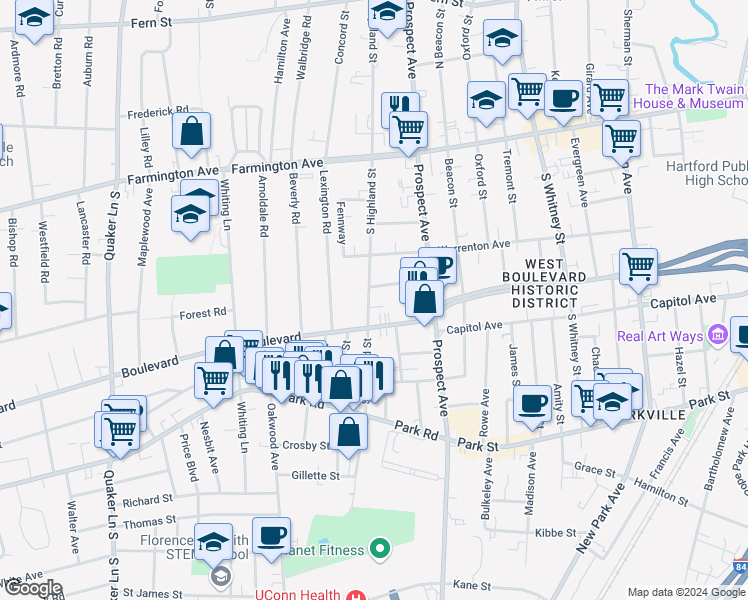 map of restaurants, bars, coffee shops, grocery stores, and more near 115 South Highland Street in West Hartford