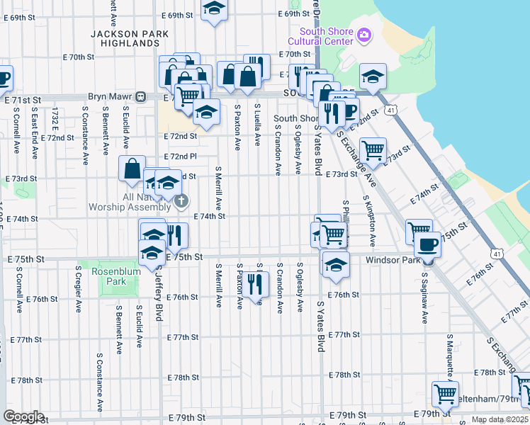 map of restaurants, bars, coffee shops, grocery stores, and more near 7339 South Luella Avenue in Chicago