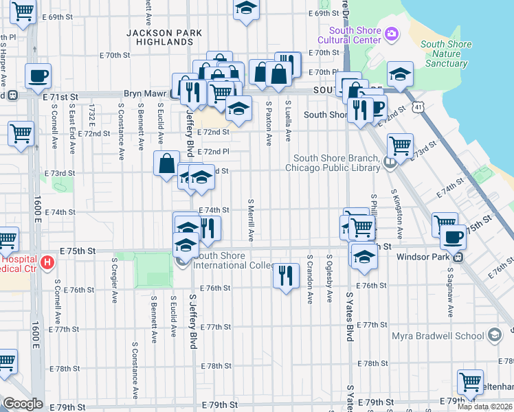 map of restaurants, bars, coffee shops, grocery stores, and more near 7336 South Paxton Avenue in Chicago