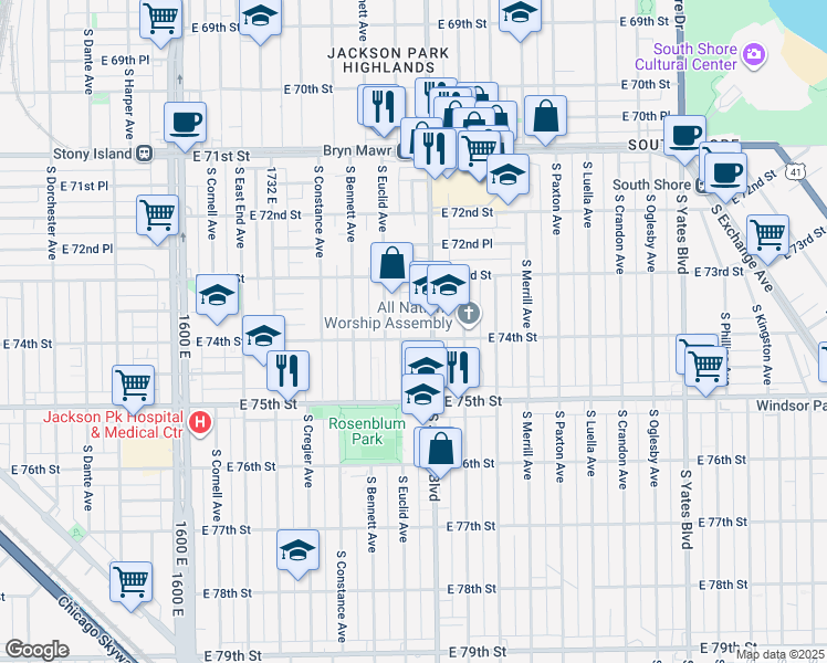 map of restaurants, bars, coffee shops, grocery stores, and more near 7333 South Euclid Avenue in Chicago
