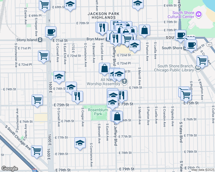 map of restaurants, bars, coffee shops, grocery stores, and more near 7333 South Euclid Avenue in Chicago