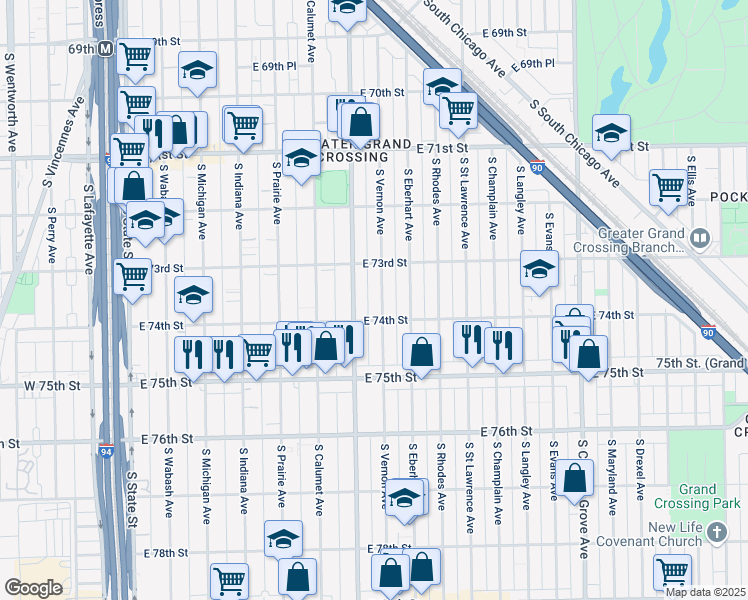 map of restaurants, bars, coffee shops, grocery stores, and more near 7317 South King Drive in Chicago