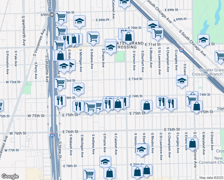 map of restaurants, bars, coffee shops, grocery stores, and more near 7319 South Calumet Avenue in Chicago