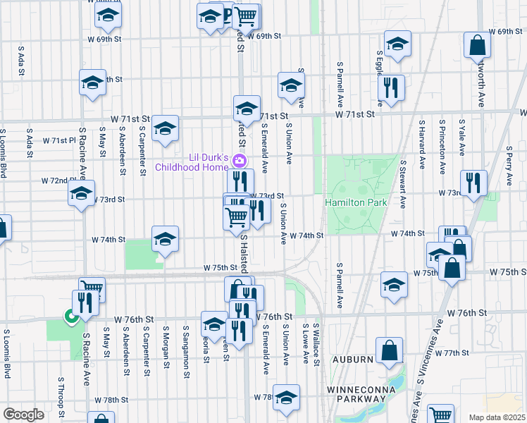 map of restaurants, bars, coffee shops, grocery stores, and more near 7300 South Emerald Avenue in Chicago