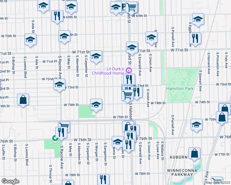 map of restaurants, bars, coffee shops, grocery stores, and more near 7303 South Peoria Street in Chicago