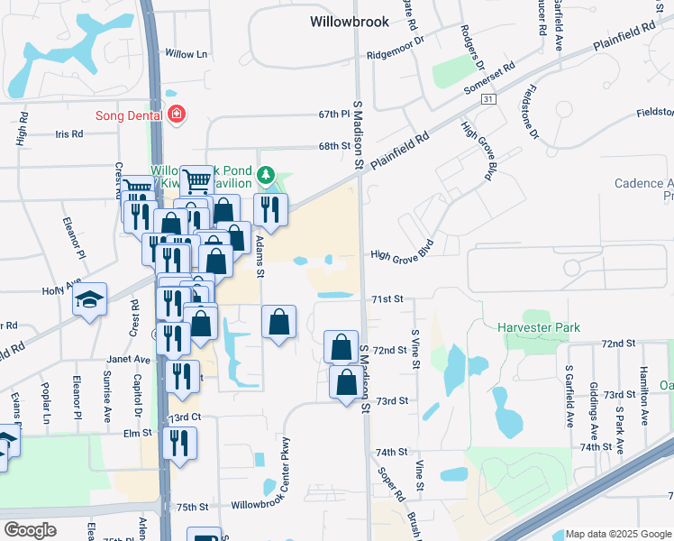 map of restaurants, bars, coffee shops, grocery stores, and more near 7050 High Grove Boulevard in Burr Ridge