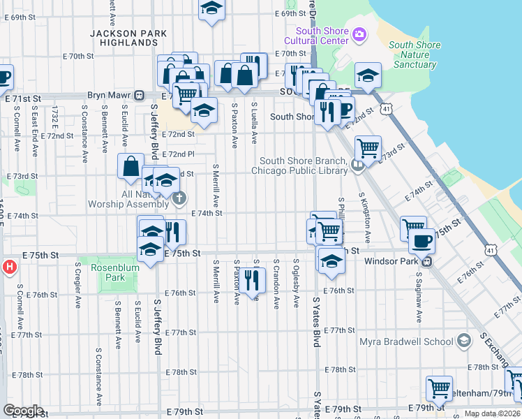 map of restaurants, bars, coffee shops, grocery stores, and more near 7359 South Luella Avenue in Chicago