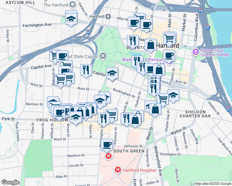 map of restaurants, bars, coffee shops, grocery stores, and more near 291 Buckingham Street in Hartford