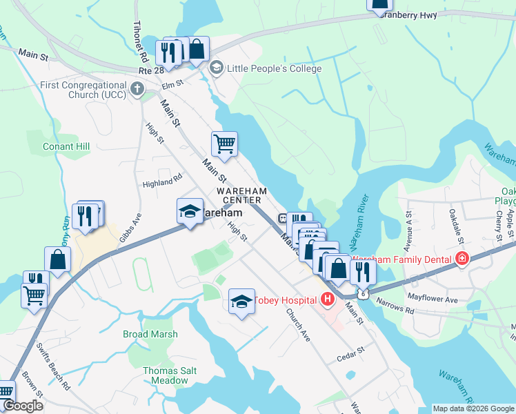 map of restaurants, bars, coffee shops, grocery stores, and more near 337 Main Street in Wareham