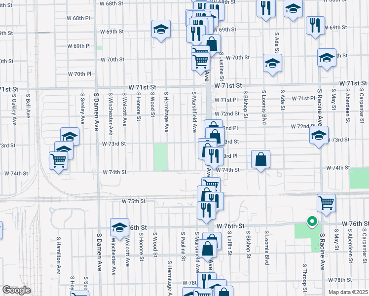 map of restaurants, bars, coffee shops, grocery stores, and more near 7309 South Paulina Street in Chicago